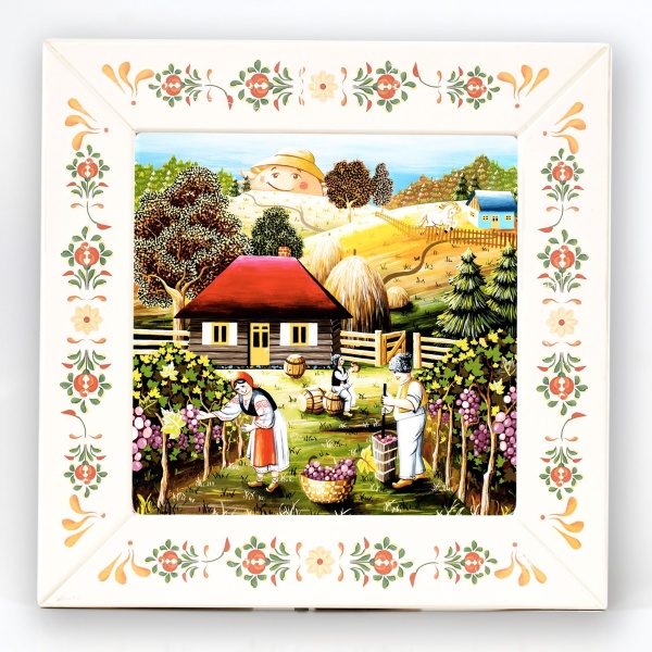 Tablou peisaj de toamna la cules de struguri (decorat pe sticla cu rama din lemn)