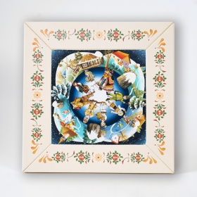 Tablou peisaj de iarna cu hora traditionala (decorat pe sticla cu rama din lemn)