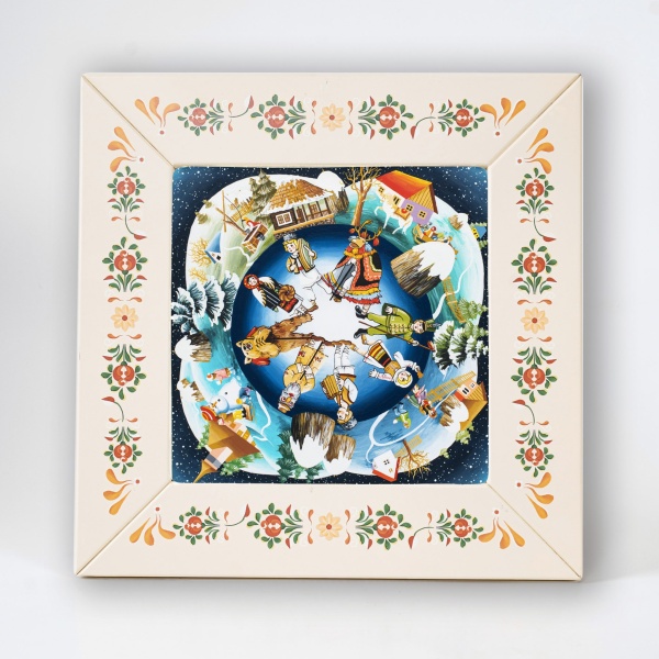 Tablou peisaj de iarna cu hora traditionala (decorat pe sticla cu rama din lemn)