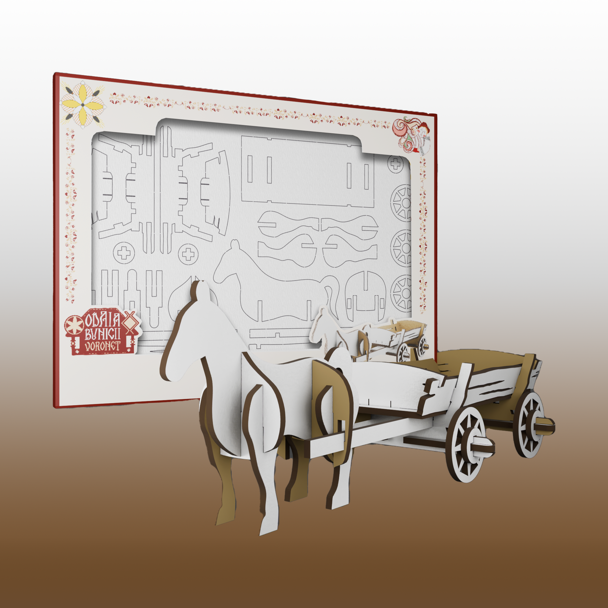 Puzzle 3D Lemn - Caruta si Cal - 9 cm