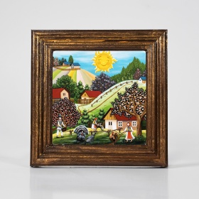 Tablou peisaj de primavara (decorat pe sticla cu rama din lemn) - 15cm x 15cm