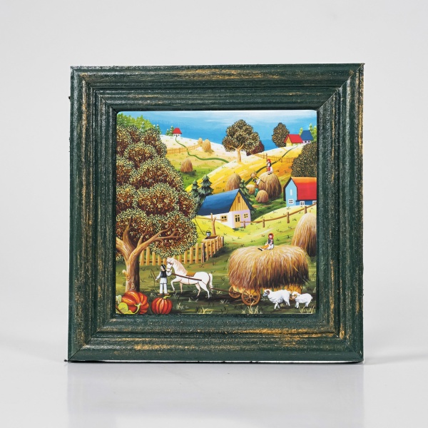 Tablou peisaj de toamna - la adunat de fan (decorat pe sticla cu rama din lemn) - 15cm x 15cm