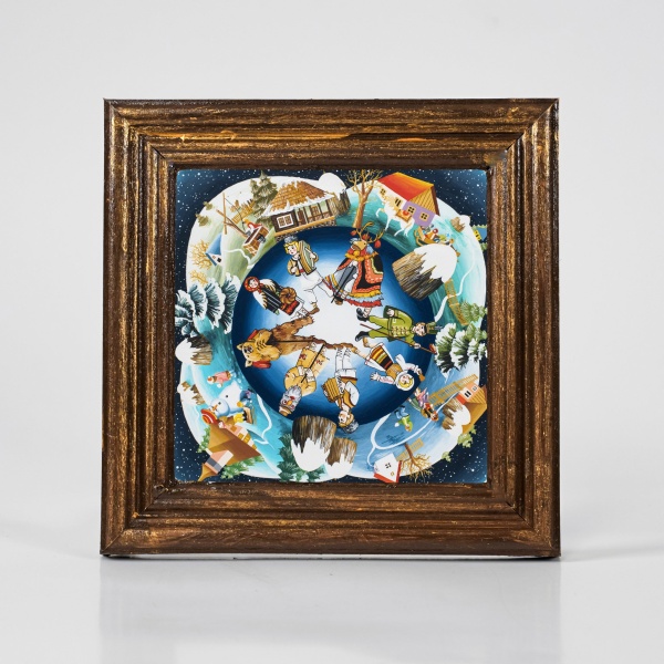 Tablou peisaj de iarna cu hora traditionala (decorat pe sticla cu rama din lemn) - 15cm x 15cm