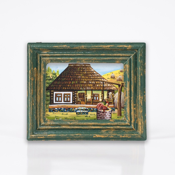 Tablou casa traditionala bucovineana (decorat pe sticla) - 9cm x 14cm