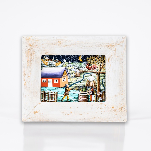 Tablou decorat pe sticla cu peisaj de iarna (rama din lemn) - 9cm x 14cm