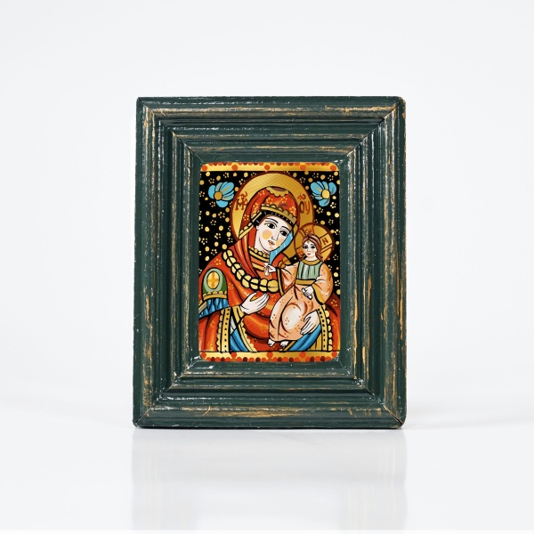 Icoana Maicii Domnului cu Pruncul Iisus Hristos (decorata pe sticla) - 10cm x 12cm