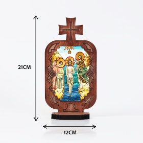 Candela din lemn cu Icoana - Botezul Domnului Iisus Hristos - 21 cm x 12 cm