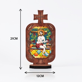 Candela din lemn cu icoana Mantuitorului Iisus Hristos si vita de vie - 21 cm x 12 cm